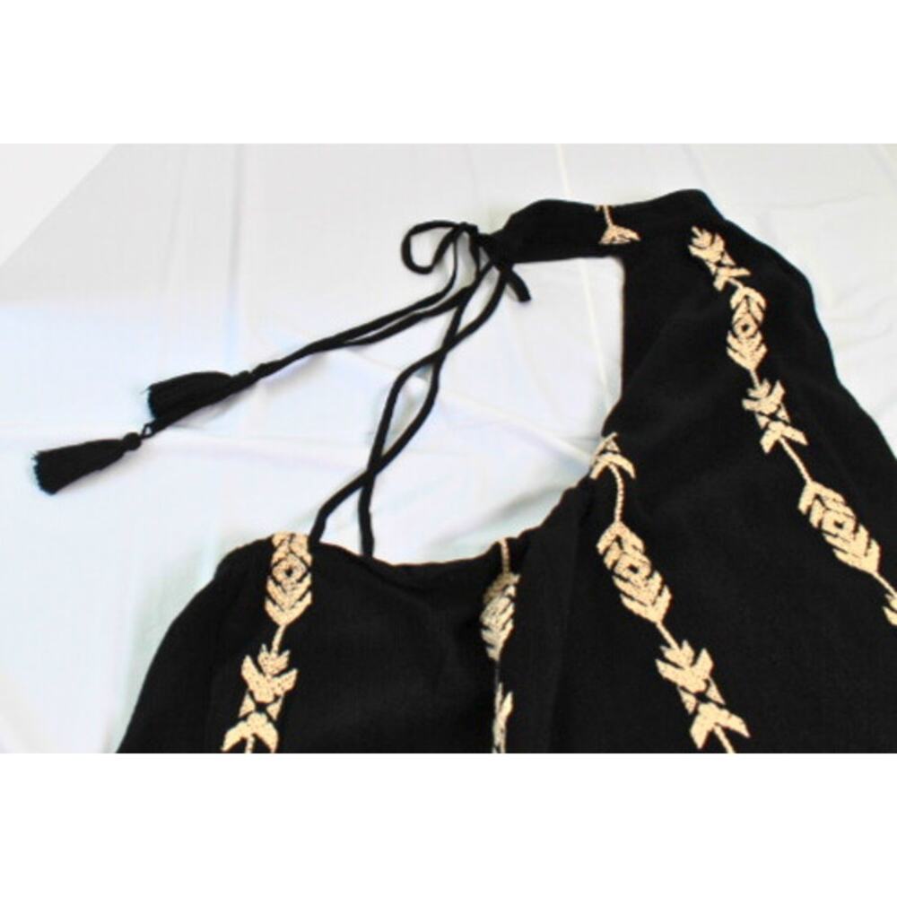 Lush Boho Halter Dress Sz Med Black Embroidered Shift Festival Cowgirl Flowy LBD - Picture 4 of 8